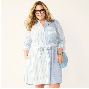NWT Croft & Barrow Mixed-Stripe Shirt Dress Poplin Work Vacation White Blue 1X